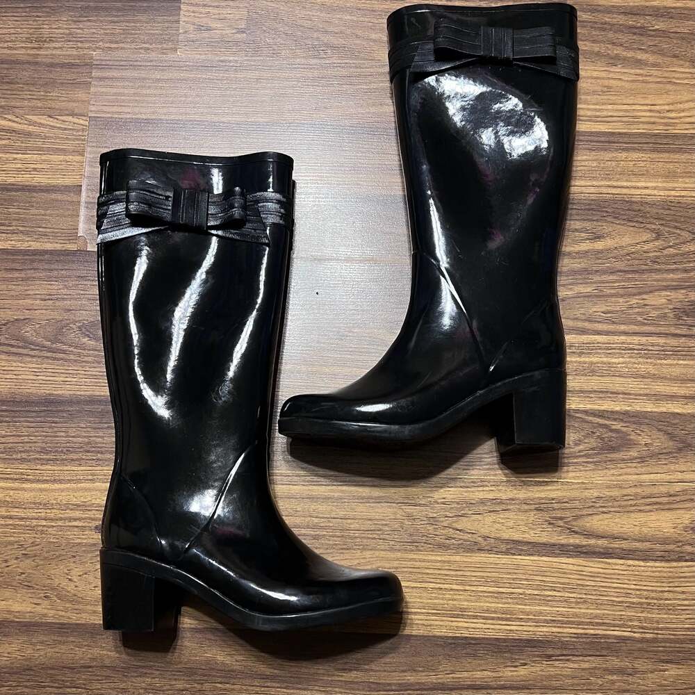 Kate Spade New York Randi Glossy Rubber Heeled Rain Boots with Bow Detail